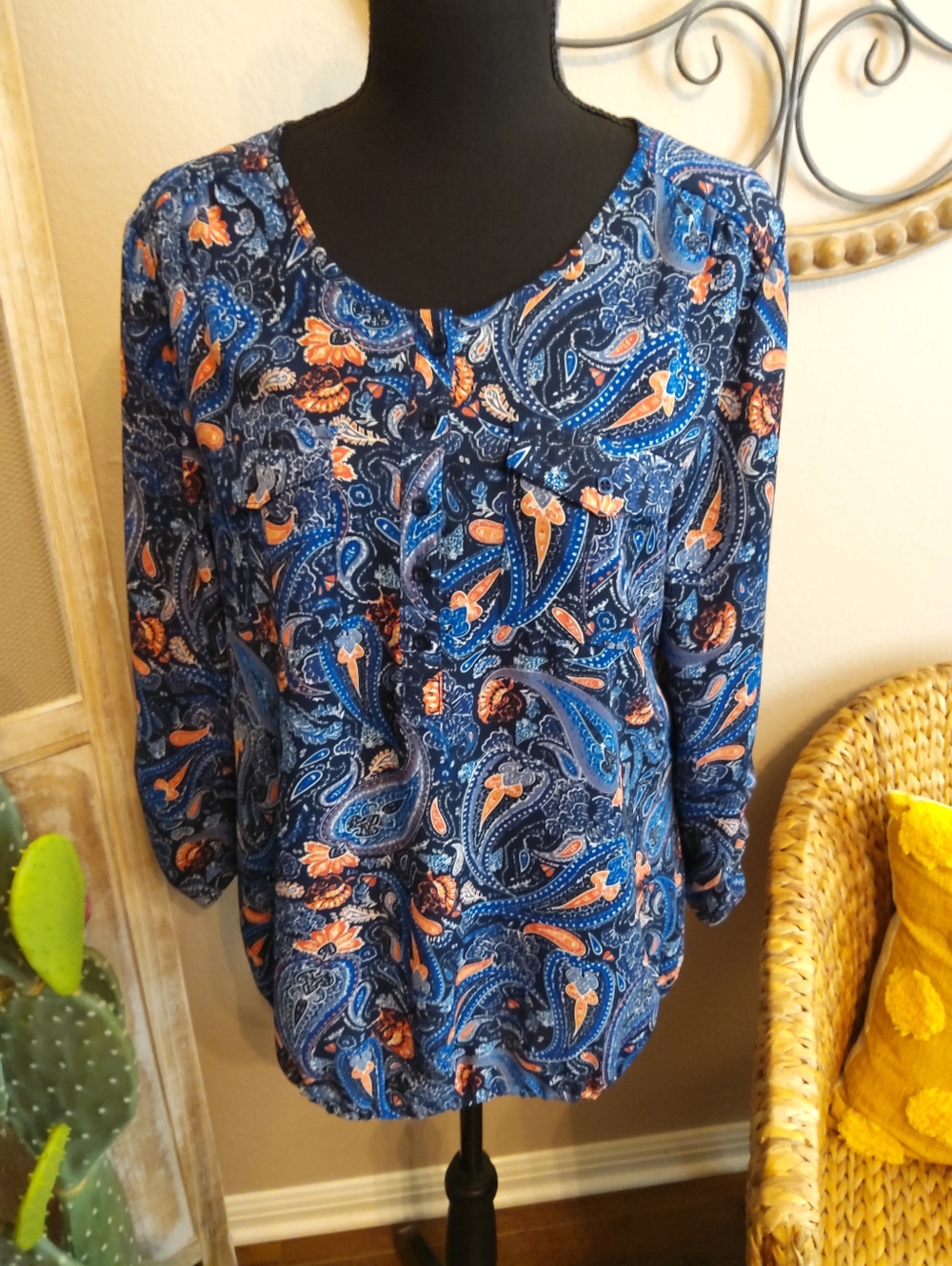 Dressbarn Navy Blue Paisley Long-Sleeve Blouse with Orange Accents